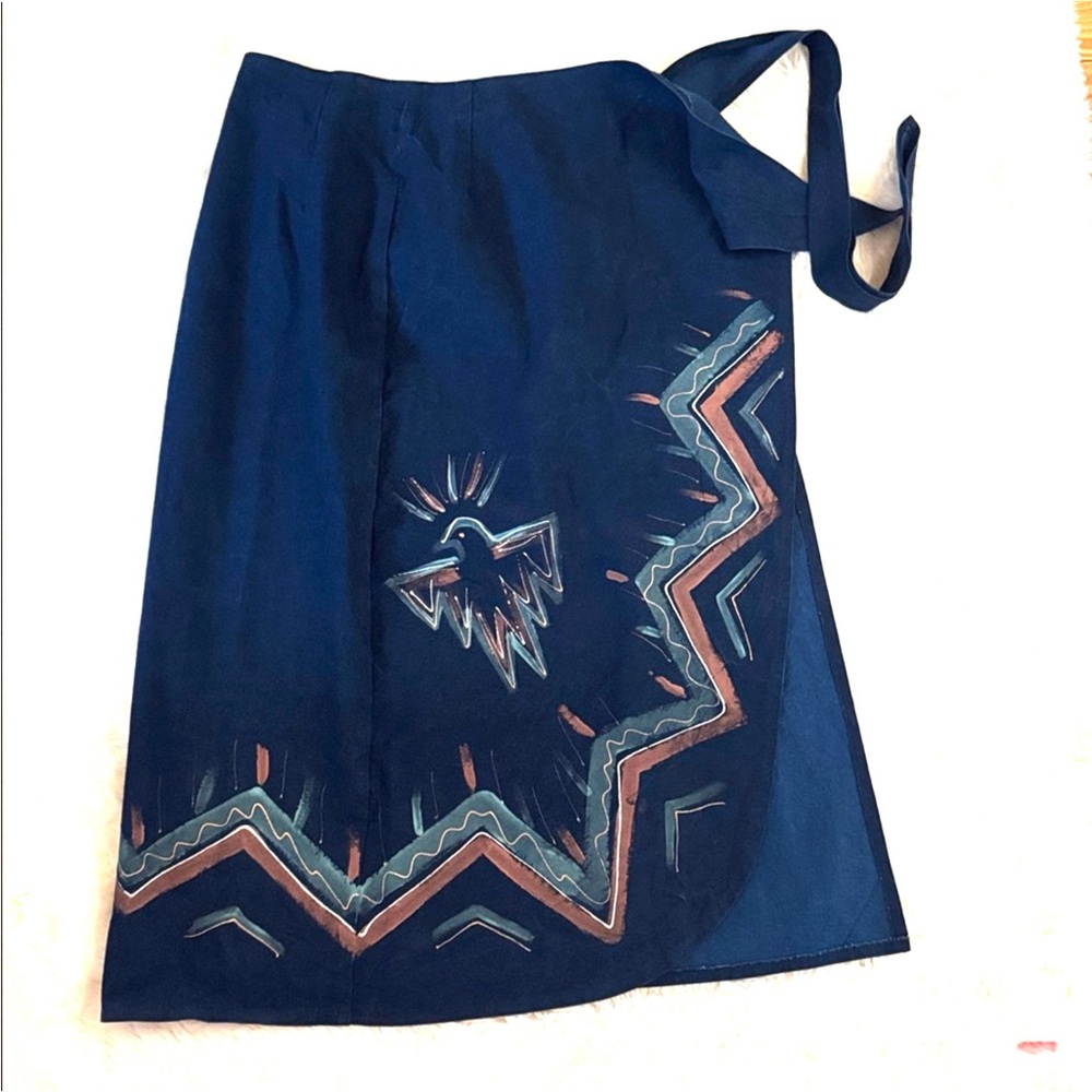 Vintage denim wrap long maxi skirt‎ hand-painted Thunderbird design S/M